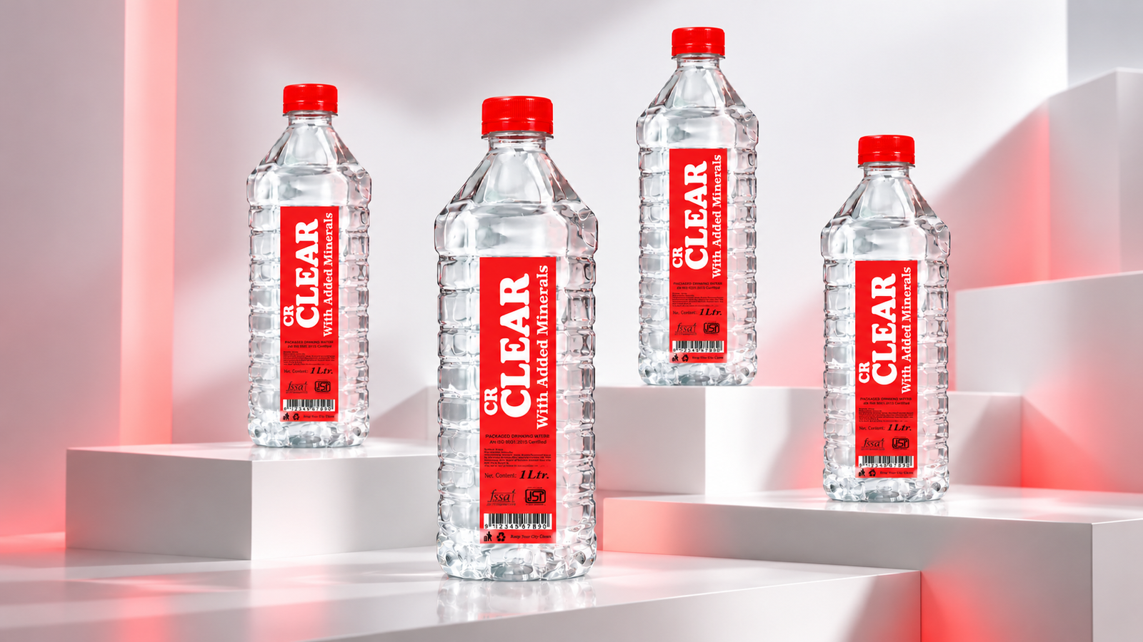 CR clear complete signature bottle lineup (250ml, 500ml, 1L, 2L) displayed on architectural pedestals